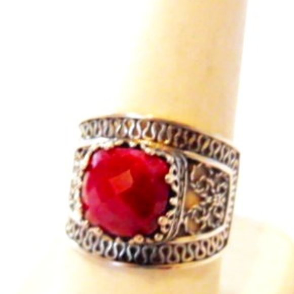 Ottoman Silver Raspberry Corundum Bold Filigree Ring Size 9 - Picture 1 of 5
